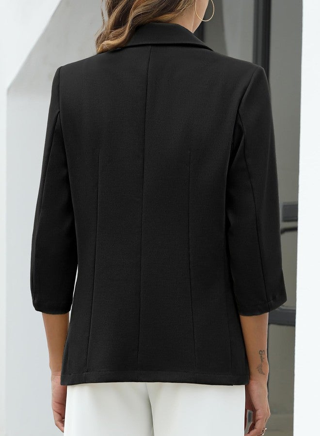 ELLEVEN Womens Linen Blazer 3/4 Ruched Sleeve Business Casual Outfits for Women Lightweight Fitted Dressy Suit Jackets Half Lining Trendy Spring Summer with Pockets Black Large - Image 2